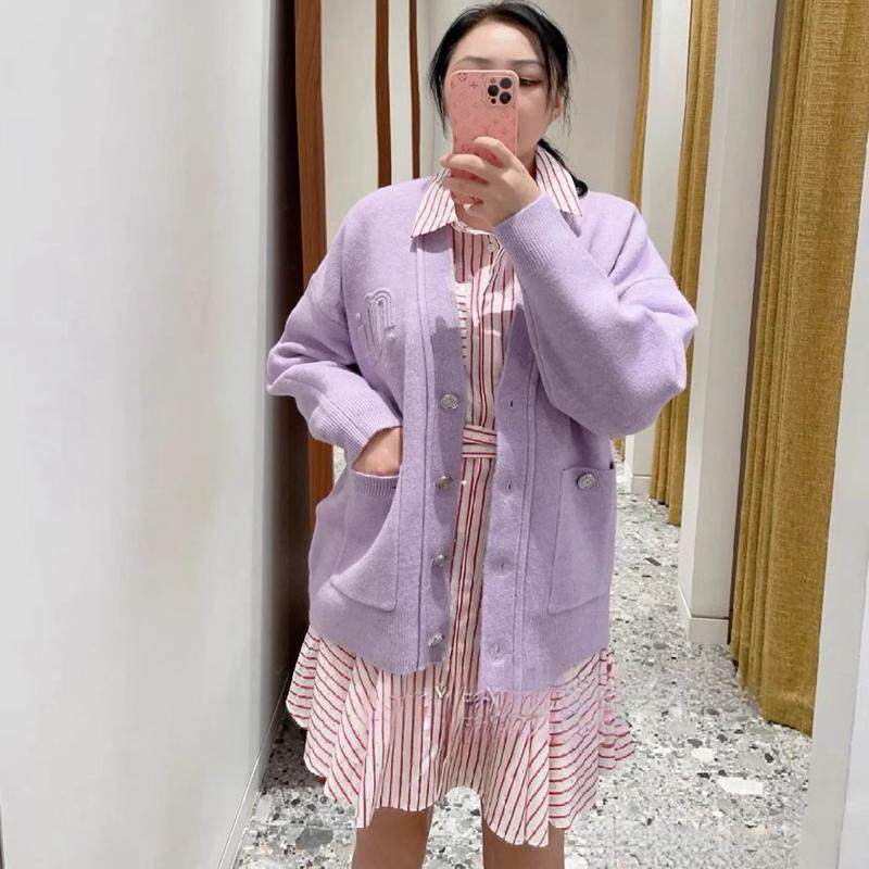 2024早秋新款女装时尚休闲紫色宽松针织开衫上衣MFPCA00532