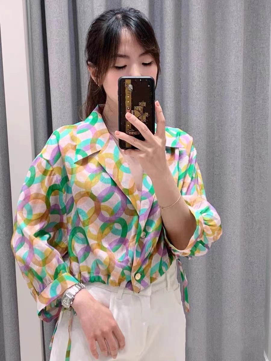 百搭风印花抽绳系带衬衫