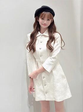 2024秋冬新款女装休闲浅色翻领修身短款花呢连衣裙MFPRO03802