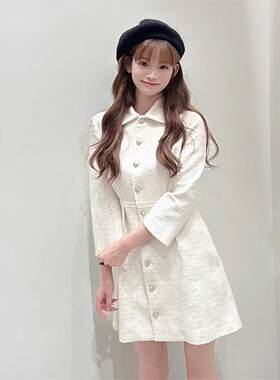 maSande2024秋冬新款女装休闲浅色翻领修身短款花呢连衣裙MFPRO03