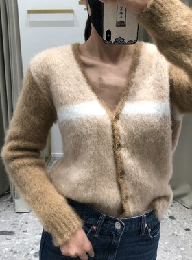 2021拼色马海毛混纺V领针织开衫毛衣外套 MFPCA00214