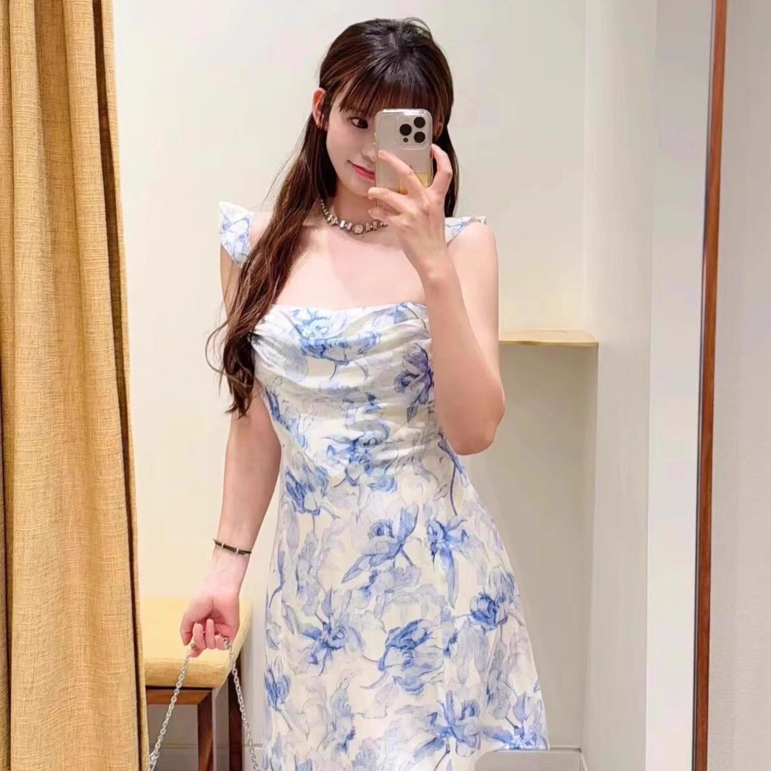 25春夏 新款女装蓝色印花短款露背吊带连衣裙MFPRO04234