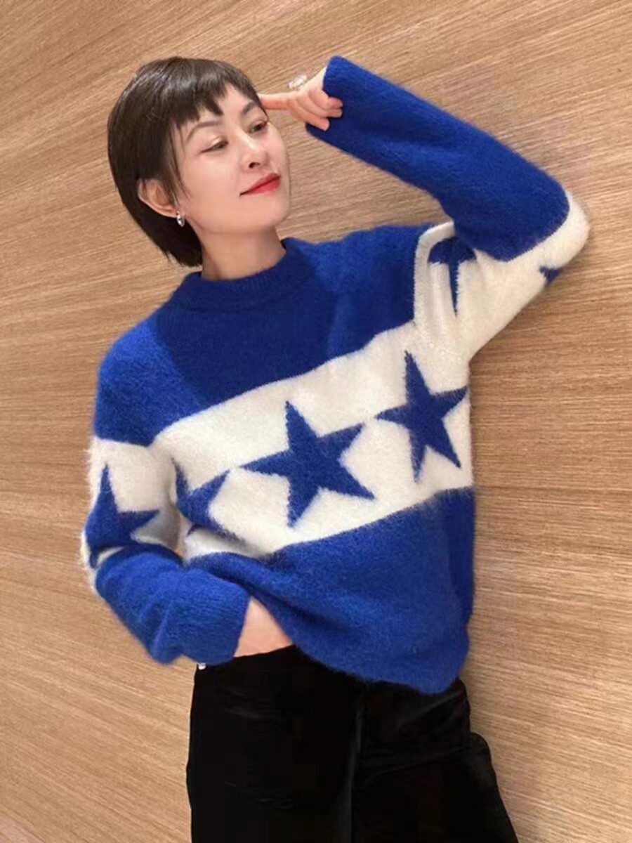时尚别致撞色星星针织毛衣