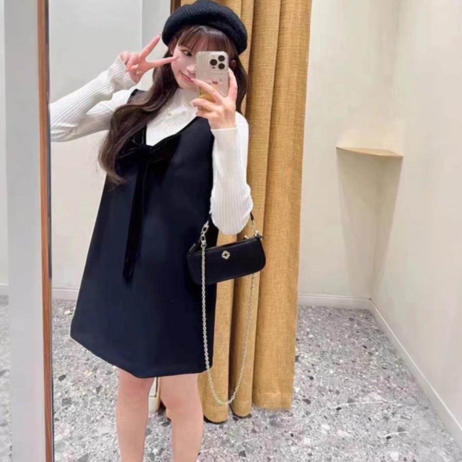 2025早春新款女装黑色V领无袖蝴蝶结短款连衣裙MFPRO03981