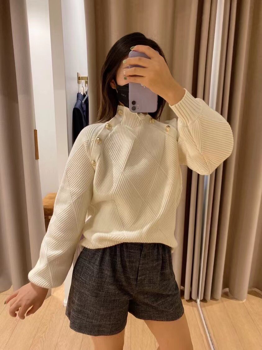 女针织衫21marna菱形格纹双肩金属扣高领毛衣MFPPU00444