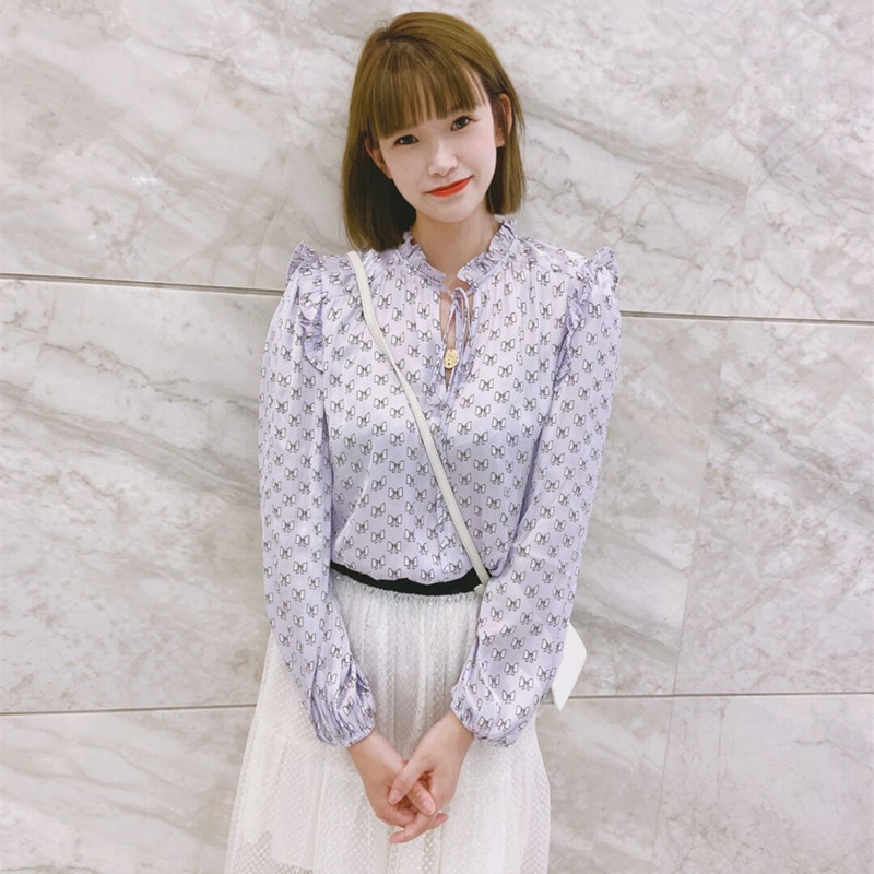 2021木耳领结印花长袖系带衬衫上衣女MFPTO00609