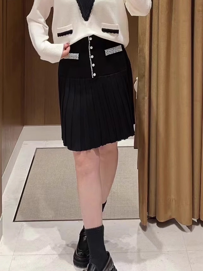 法式百褶高腰针织半身短裙