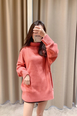 粉色高领羊毛针织毛衣女
