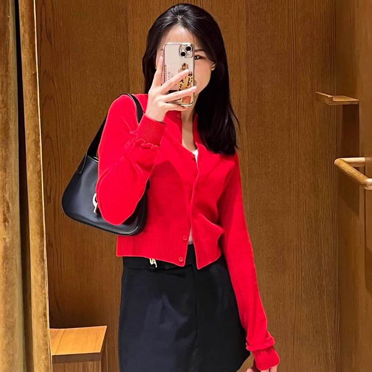 2024早秋新款女装优雅荷叶边红色针织开衫上衣SFPCA01025