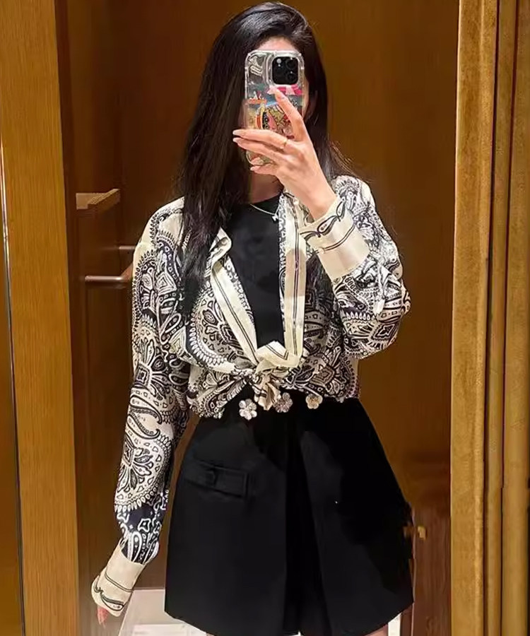 印花垂坠桑蚕丝长袖衬衫
