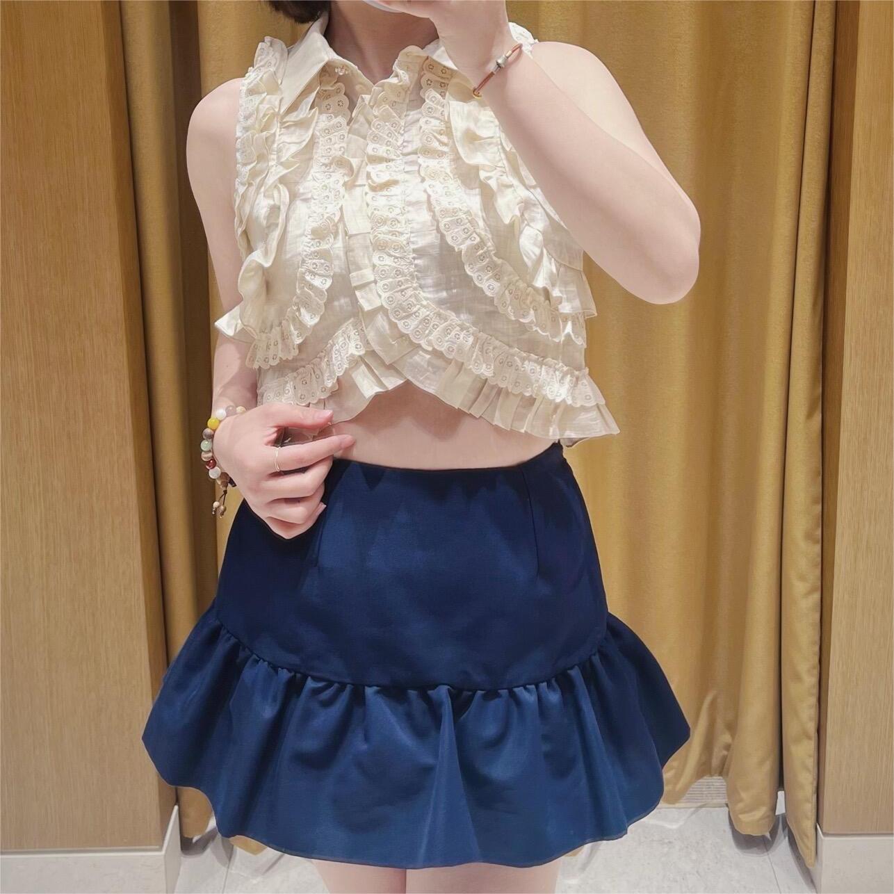 maSande2025早春新款女装法式优雅深蓝色荷叶边半身裙SFPSH00457