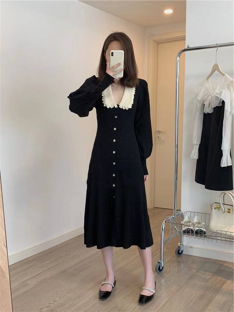 泡泡袖长款针织连衣裙
