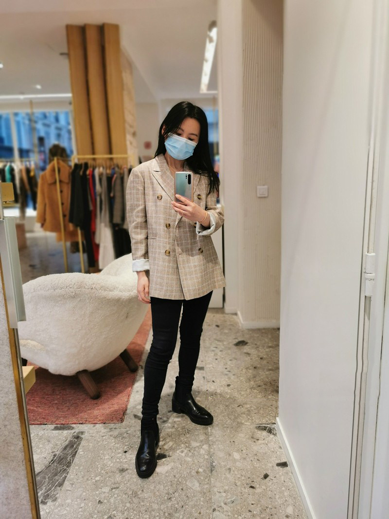 格子双排扣亚麻西装外套