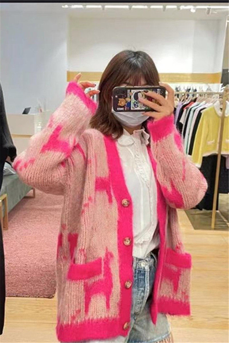 秋冬新款宽松v领针织开衫女装