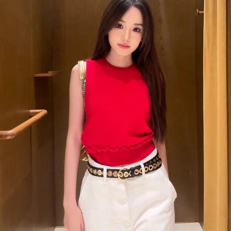 2024早秋新款女装红色修身无袖短款针织背心上衣SFPPU02313