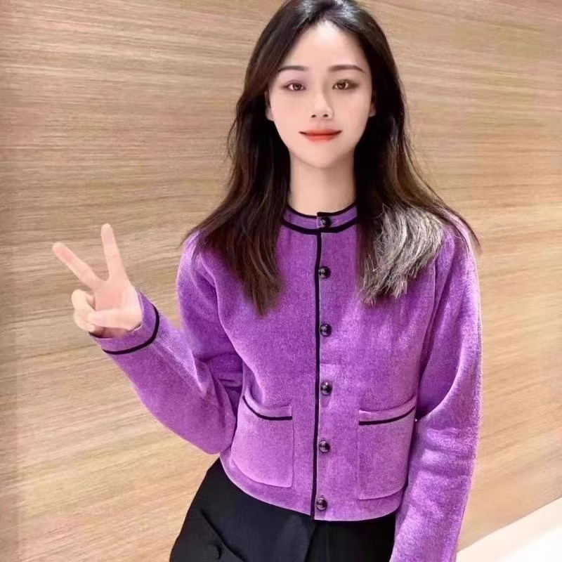 紫色针织开衫短款外套女