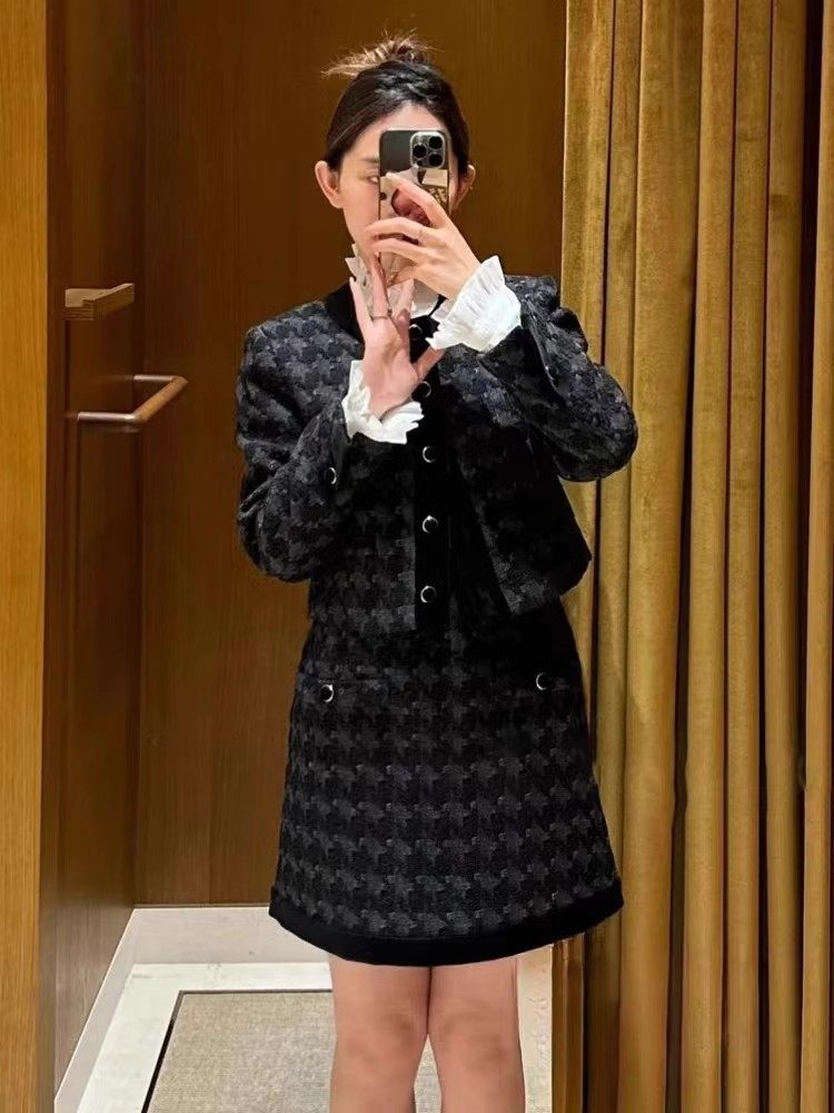 气质撞色千鸟格短款外套