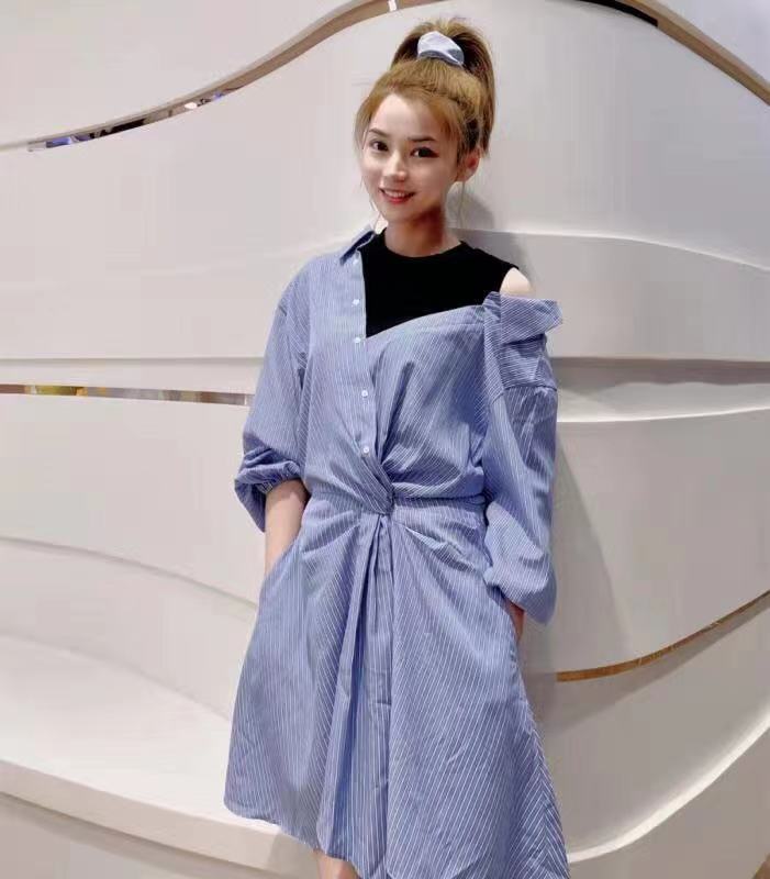 早秋女装露肩假两件衬衫连衣裙