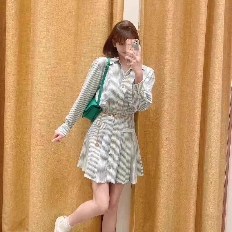 2024春夏新款女装薄荷曼波绿色条纹衬衫连衣裙短裙MFPRO03582