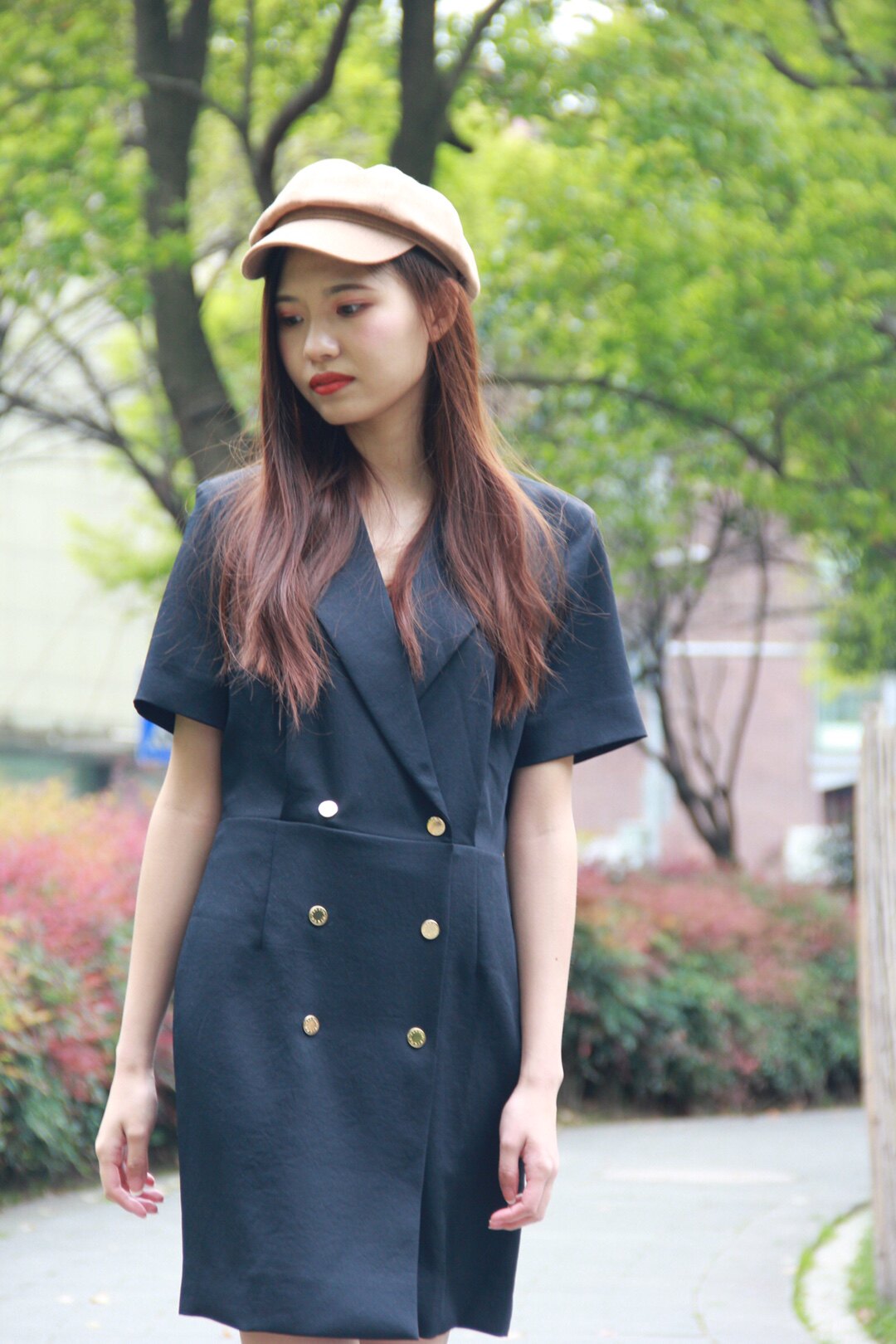 连衣裙春夏双排扣纯色短裙