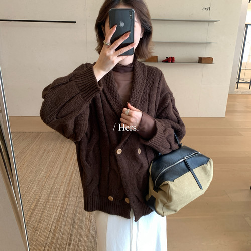 Hers-冬上新慵懒感翻领双排扣复古大毛衣62091