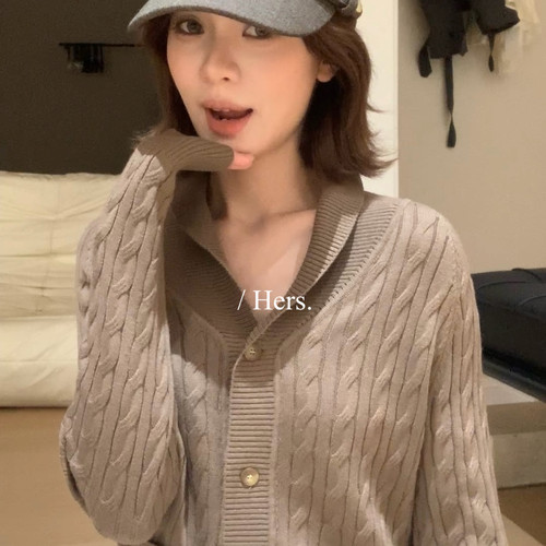 Hers-上新简约日常经典老钱绞花翻领针织开衫(单卖开衫)YS1-66772