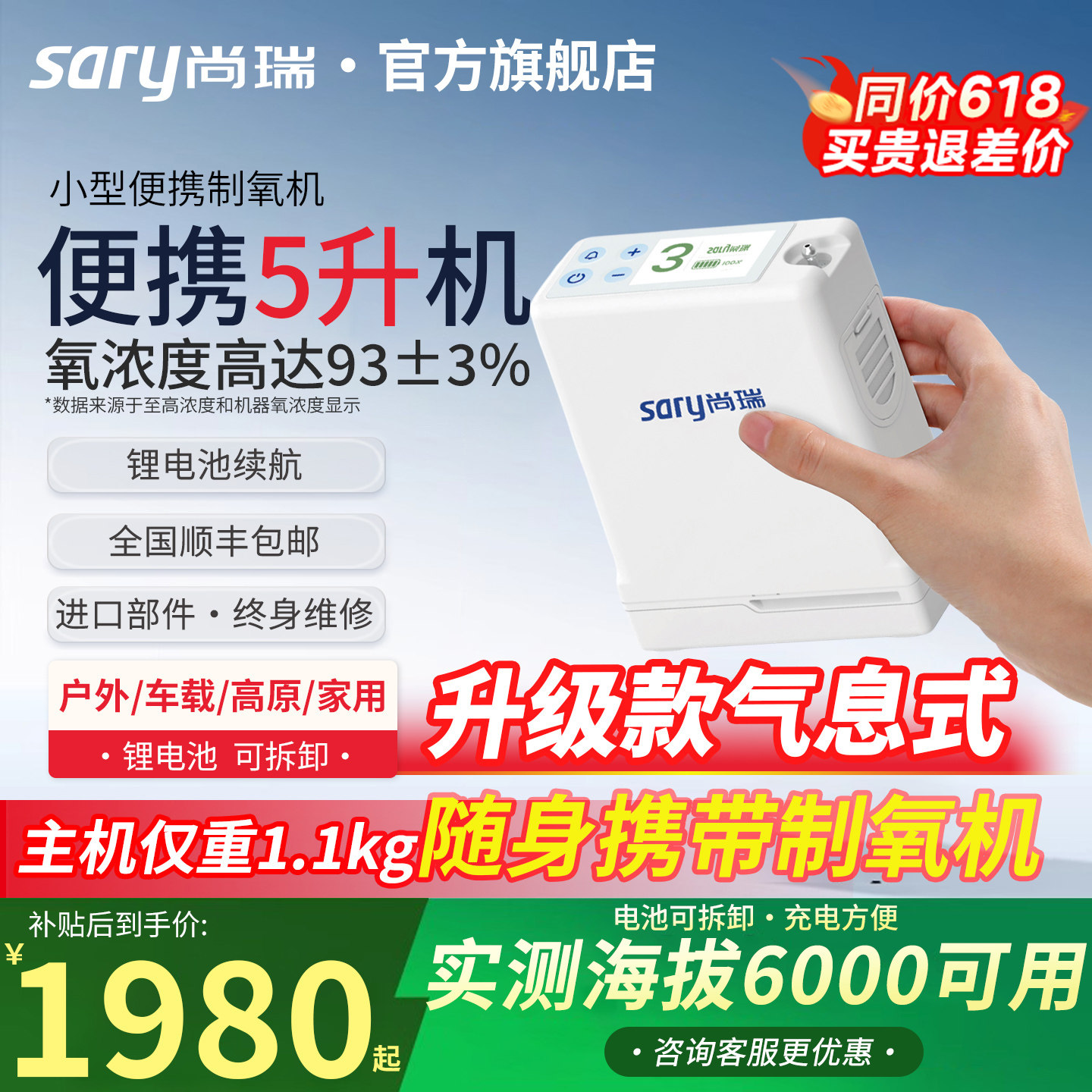 尚瑞便携式制氧机家用随身小型高原旅游车载吸持续出氧气双人使用