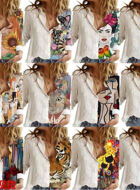 欧洲站欧美街头时尚气质速卖通上衣白色衬衫新款印花长袖衬衣多色