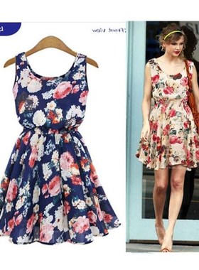 2018 summer women flower print casual dress chiffon dresses