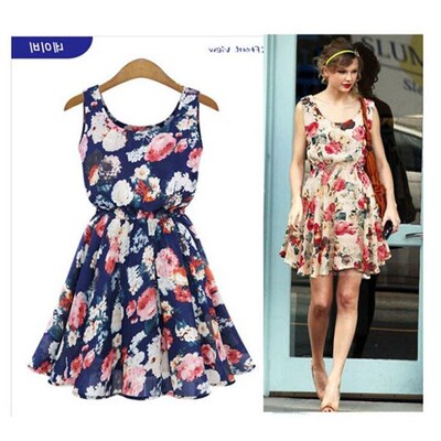 2018 summer women flower print casual dress chiffon dresses