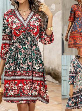 Dress popular V-neck short-sleeved print new dress 连衣裙