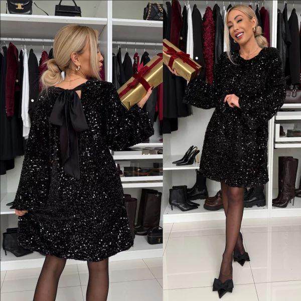 2024欧美新款秋冬圆领亮片蝴蝶结系带短款连衣裙亮片遮肉宽松裙子