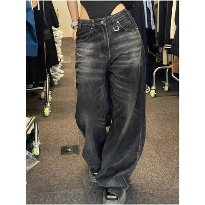 intage Black Wide Leg Jeans Women Baggy Denim Trousers Grung