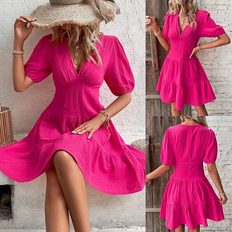 Solid color high waist V-neck sleeve dress in summer