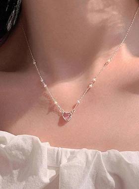pink girl love pearl necklace women Sweet choker 高级感项炼