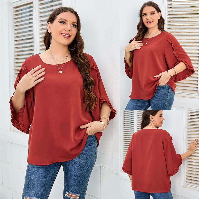 2022 plus size women casual shirts 大码女装 红色半袖宽松衬衫