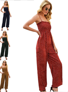 Polka dot print suspenders wide-leg jumpsuit women阔腿连体裤