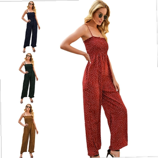 Polka dot print suspenders wide-leg jumpsuit women阔腿连体裤