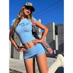 街头辣妹字母印花短款露脐T恤衫基础款低腰迷你包臀裙裤两件套夏