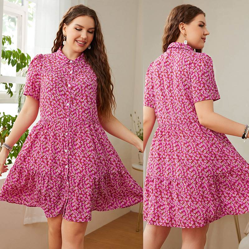 2022粉色碎花宽松大码夏季连衣裙 plus size women summer dress