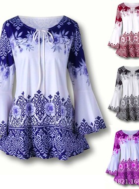 Foreign trade new ceramic pattern t - shirt women retro prin