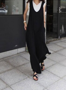 韩版大码女装学生背带裤宽松胖MM阔腿连体裤休闲九分裤Jumpsuits