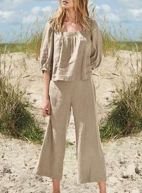 Plus-size solid color casual long-sleeved pantsuit 短袖长裤