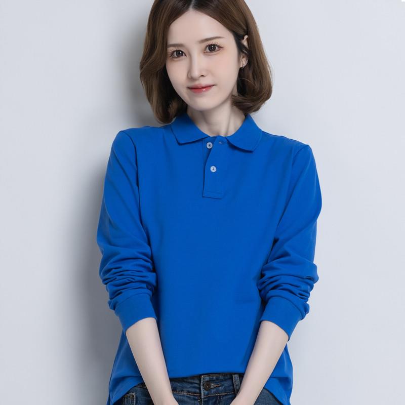 纯棉长袖t恤女春秋工作服polo衫定制印logo刺绣翻领宽松运动上衣