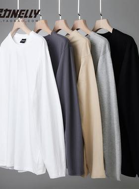 ins重磅精梳棉白色长袖T恤男女潮牌春秋季圆领内搭纯色打底衫tee
