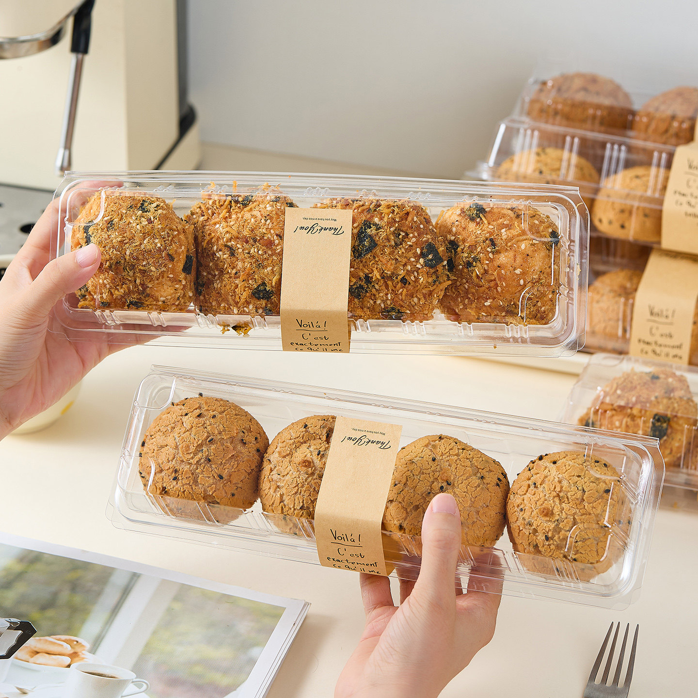 麻薯泡芙肉松小贝包装盒4粒烘焙西点糕点长条长方形透明打包盒子