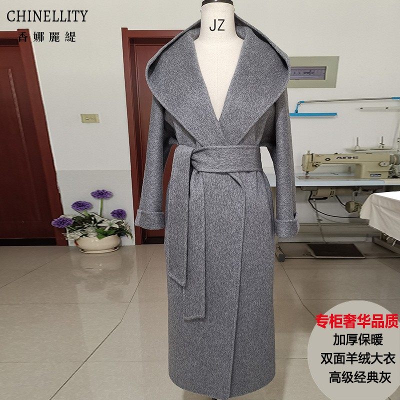 加厚双面羊绒大衣灰色翻领连帽