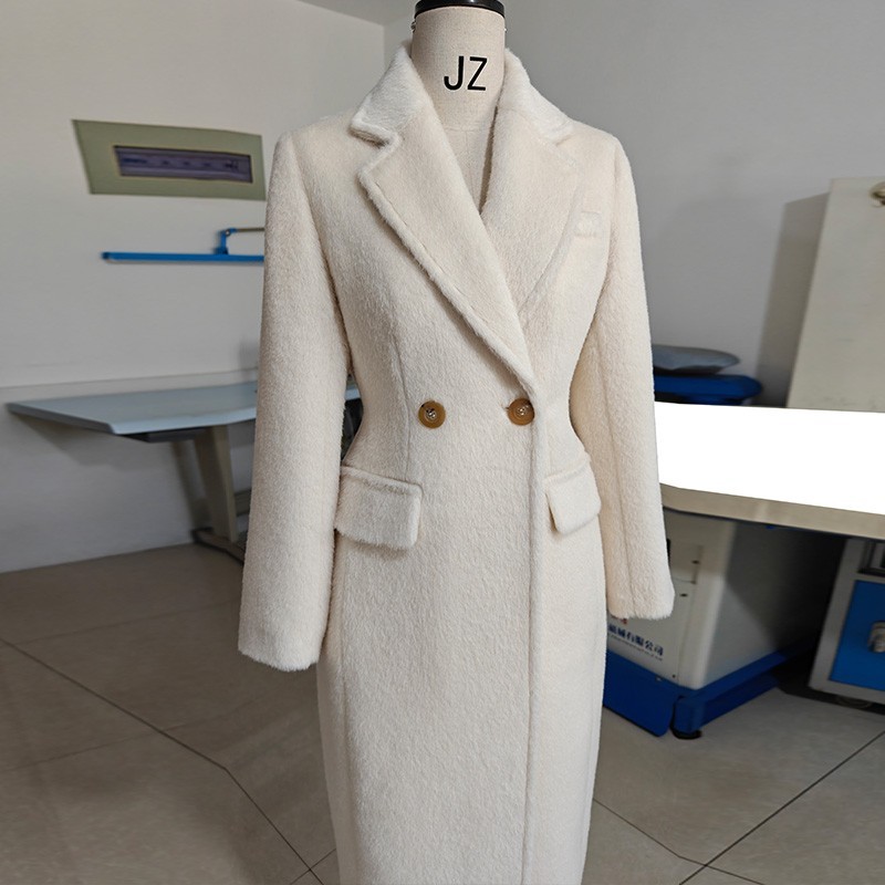 加厚羊驼绒阿尔巴卡收腰高端带里衬白色长款大衣超保暖毛呢外套女
