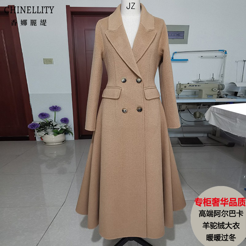 加厚双面羊绒保暖阿尔巴卡羊驼绒白色黑色大摆排扣女秋冬新款大衣