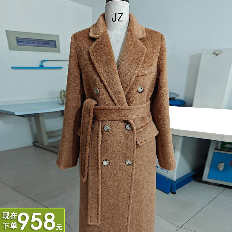 加厚羊驼绒阿尔巴卡奢品高端带里衬黑色长款大衣超保暖毛呢外套女